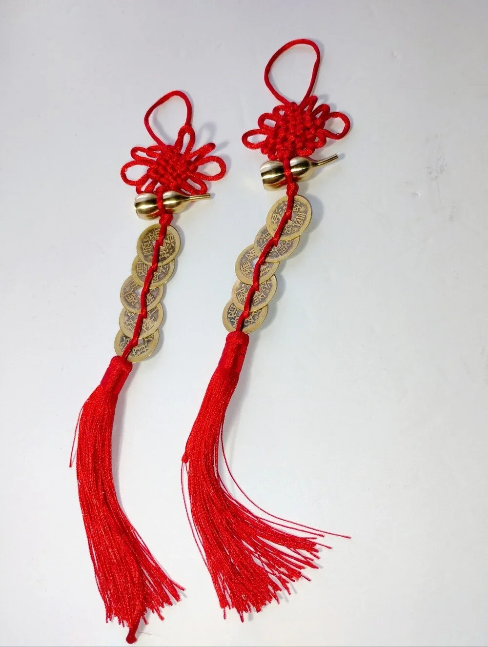 4 Chinese Feng Shui 5 Coin Hanging Charm Pendant w/Gourd & Red Tassel
